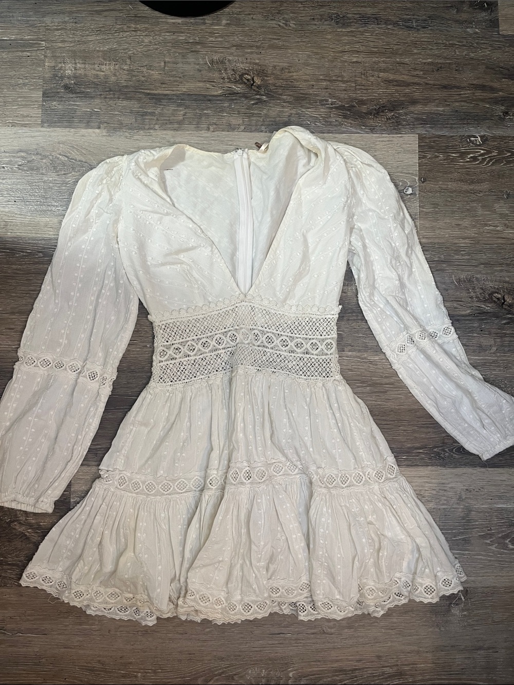 Free People Cream Lace-Trimmed V-Neck Tiered Mini Dress